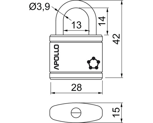 Technický nákres visacího zámku Apollo s rozměry