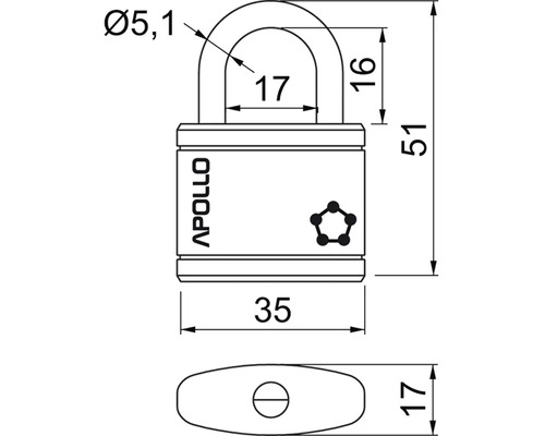 Technický nákres visacího zámku Apollo s rozměry