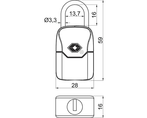 Technický výkres visacího zámku TSA s rozměry