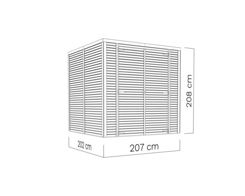 Ilustrace zahradního domku o rozměrech 208 cm výška, 202 cm šířka a 207 cm hloubka
