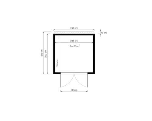 Půdorys s rozměry: šířka 208 cm, výška 212 cm, plocha 4,03 metru čtverečních
