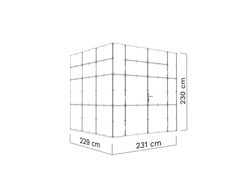 Technický nákres kabiny s rozměry: 229 centimetrů, 231 centimetrů a 230 centimetrů.