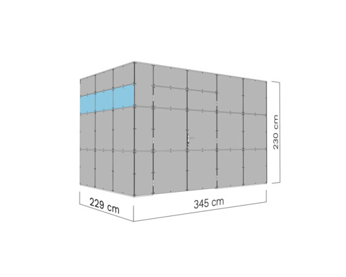Pohled na stavebnici o šířce 345 centimetrů, délce 229 centimetrů a výšce 230 centimetrů
