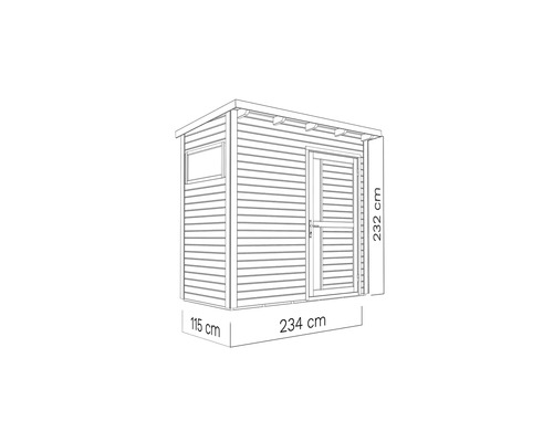 Ilustrace zahradního domku s oknem a dveřmi a rozměry 115 cm x 234 cm x 232 cm.