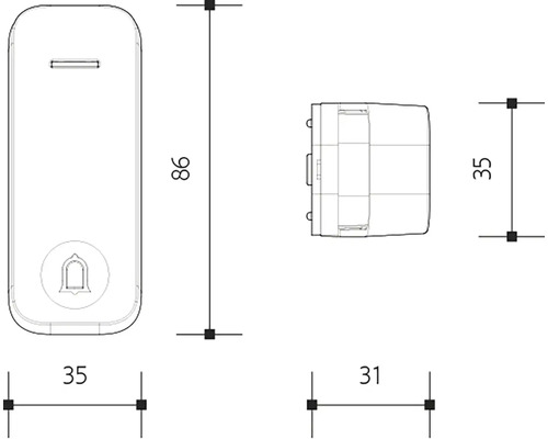 Technický nákres zvonku s rozměry 86 krát 35 krát 31 milimetrů