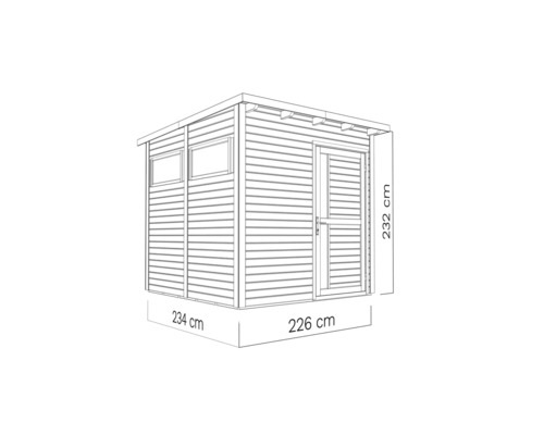 Ilustrace zahradního domku s dveřmi a okny a rozměry 234 x 226 x 232 centimetrů