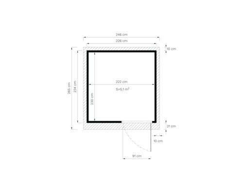 Půdorys s rozměry 246 x 265 centimetrů a plochou 5,1 metrů čtverečních