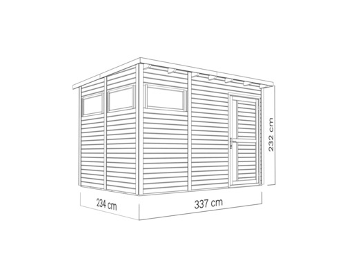Obrázek zahradního domku o rozměrech 234 cm x 337 cm x 232 cm.