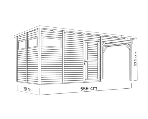 Ilustrace zahradního domku se stříškou, rozměry 234 x 559 x 232 centimetrů.