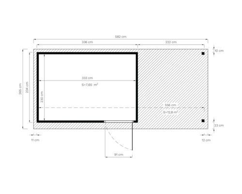 Technický nákres zahradního domku s rozměry.