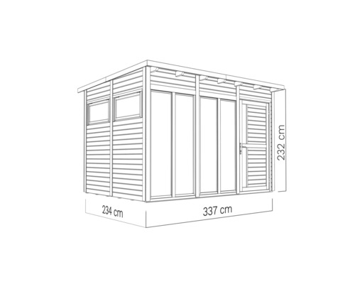 Ilustrace zahradního domku o rozměrech 234 centimetrů krát 337 centimetrů krát 232 centimetrů.