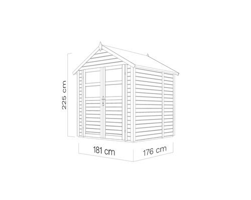 Obrázek zahradního domku o rozměrech 225 cm na výšku, 181 cm na šířku a 176 cm do hloubky.
