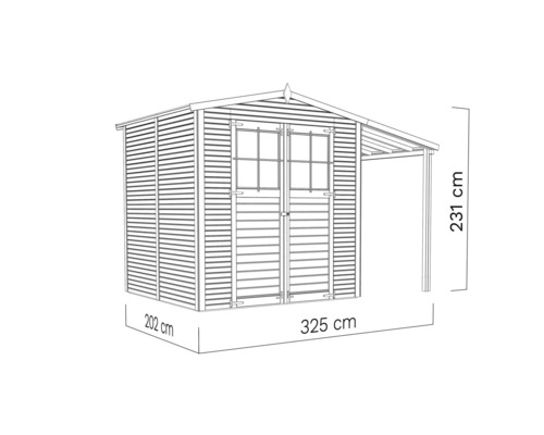 Dřevěný zahradní domek s dvoukřídlými dveřmi, okny a stříškou, rozměry 202 cm x 325 cm x 231 cm