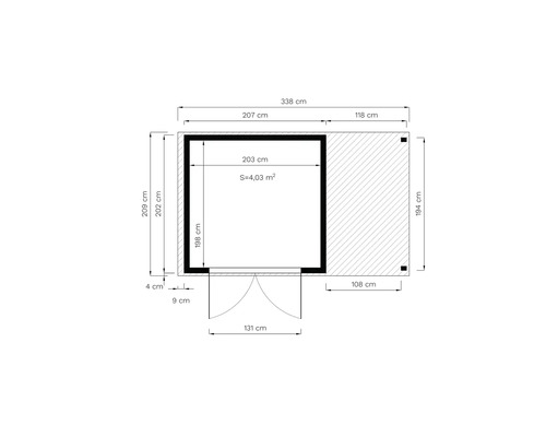Půdorys zahradního domku s rozměry v centimetrech.