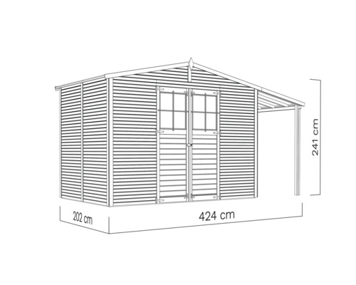 Obrázek zahradního domku o rozměrech 424 x 202 x 241 cm