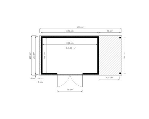 Půdorys zahradního domku s rozměry v centimetrech a metrech čtverečních