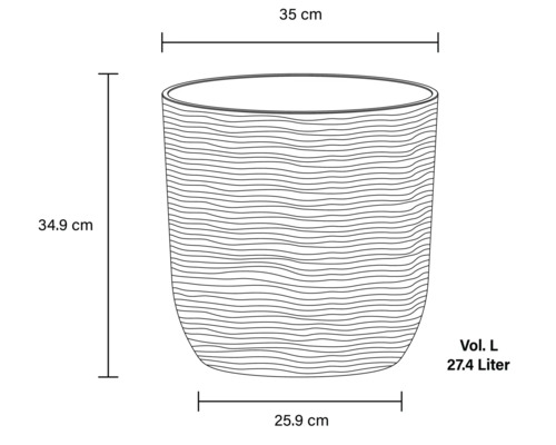 Nákres květináče o šířce 35 cm, výšce 34,9 cm a objemu 27,4 litru