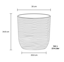 Technický nákres květináče o rozměrech 34,9 cm na výšku, 35 cm v průměru nahoře, 25,9 cm v průměru dole a objemu 27,4 litru