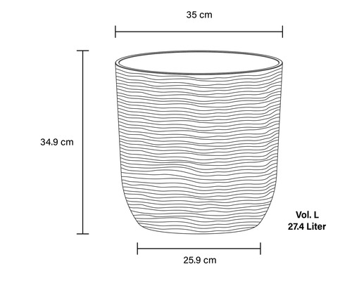 Technický nákres květináče s rozměry 35 centimetrů v průměru nahoře, 25,9 centimetrů v průměru dole, 34,9 centimetrů na výšku a objemem 27,4 litru.