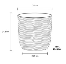 Obrázek květináče o rozměrech 35 cm šířka, 34,9 cm výška, 25,9 cm hloubka a objem 27,4 litru.