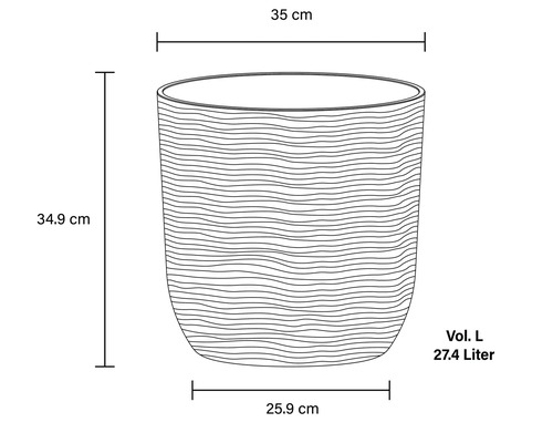 Obrázek květináče o rozměrech 35 cm šířka, 34,9 cm výška, 25,9 cm hloubka a objem 27,4 litru.