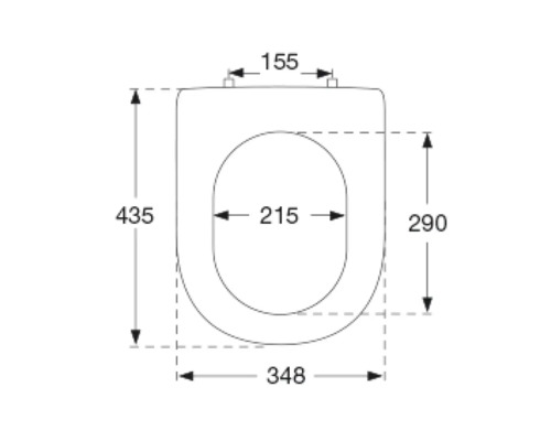 Technický nákres záchodového prkénka s rozměry.