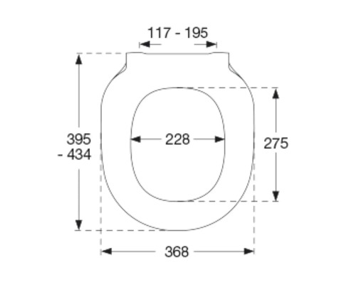 Technický nákres záchodového sedátka s rozměry