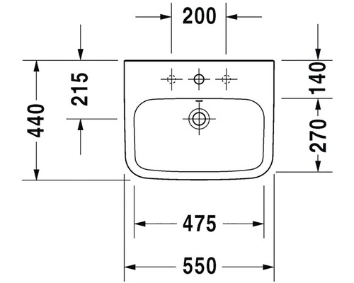Technický nákres umyvadla s rozměry