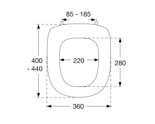 Technický výkres záchodového sedátka s rozměry