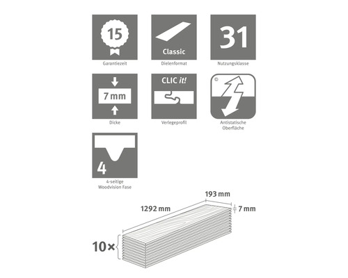 Vlastnosti produktu: záruka 15 let, formát prken Classic, třída použití 31, tloušťka 7 mm, montážní profil Clic it, antistatický povrch, 4stranná Woodvision fáze, rozměry 1292 x 193 x 7 mm, 10 kusů