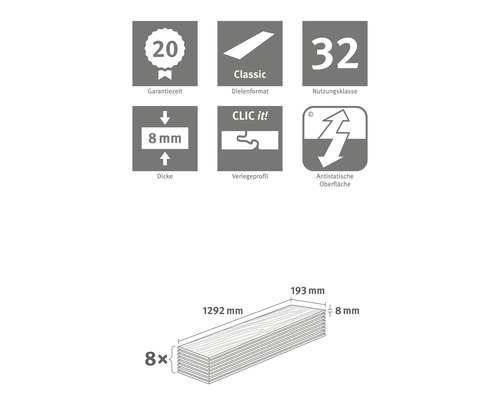 Informace o laminátu: záruka 20 let, formát desek Classic, třída použití 32, tloušťka 8 mm, montážní profil Clic it, antistatický povrch a rozměry.
