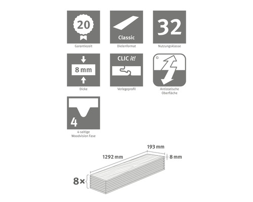 Informace o záruční době, formátu desek, třídě použití, tloušťce, profilu pokládky, antistatickém povrchu a Woodvision fázi