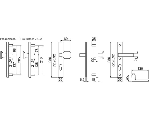 Technický nákres dveřního kování s rozměry