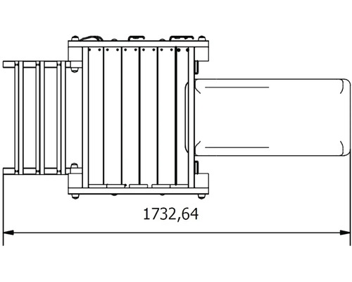 Technický nákres hrací věže s celkovou šířkou 1732,64 centimetrů.