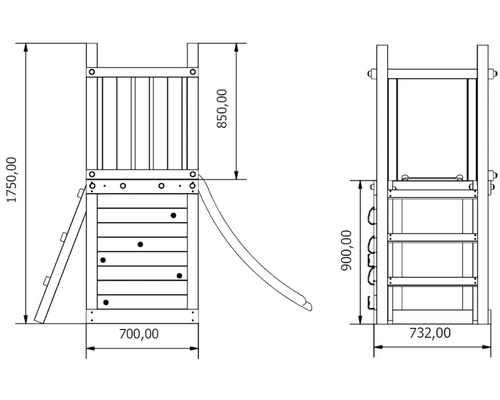 Technický nákres hrací věže se skluzavkou a lezeckou stěnou s rozměry