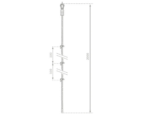 Obrázek provazového žebříku o délce 2000 milimetrů s uzly v rozestupech 500 milimetrů