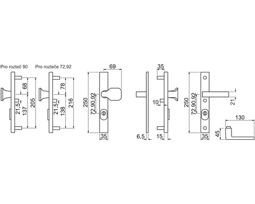 Technický výkres kování dveří s rozměry