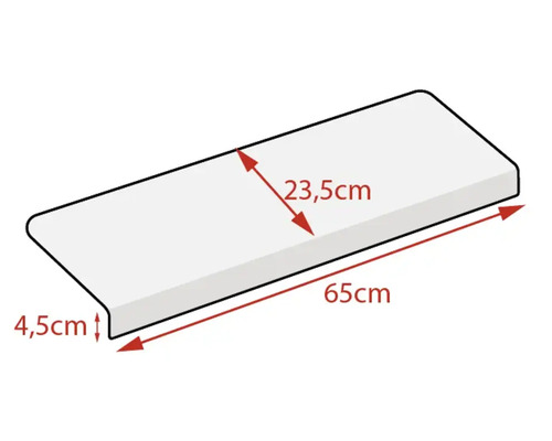 Okenní parapet o rozměrech 65 cm délka, 23,5 cm šířka a 4,5 cm výška