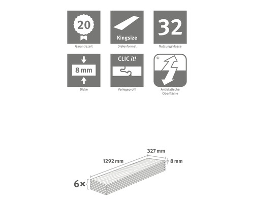 Informace o záruční době, formátu prken Kingsize, třídě použití 32, tloušťce, pokládkovém profilu a antistatickém povrchu a rozměrech výrobku