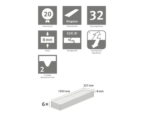 Informace o záruční době, formátu desek, třídě použití, tloušťce, pokládkovém profilu, antistatickém povrchu a zkosené hraně produktu.
