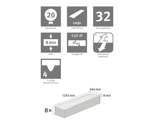 Informace o záruční době, formátu prken, třídě použití, tloušťce, pokládkovém profilu, antistatickém povrchu a fazetě