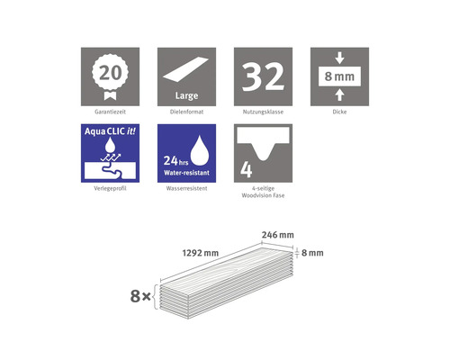Informace o laminátu: záruka 20 let, formát velké lamely, třída použití 32, tloušťka 8 milimetrů, montážní profil Aqua Clic it, voděodolnost 24 hodin, čtyřstranná Woodvision fáze, rozměry lamel.