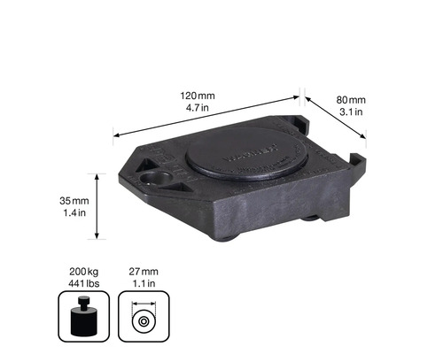 Transportní pomůcka Wagner o rozměrech 120 mm délka, 80 mm šířka, 35 mm výška a 27 mm průměr kola, maximální zatížení 200 kg