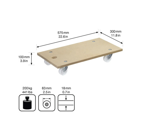 Přepravní kolečko na nábytek o rozměrech 575 mm x 300 mm a nosností 200 kg.