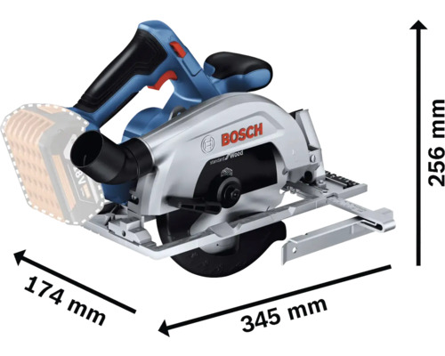 Akumulátorová ruční okružní pila Bosch o rozměrech 174 mm, 345 mm a 256 mm