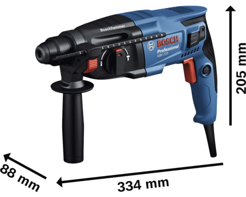 Vrtací kladivo Bosch GBH 220 Professional o rozměrech 334 x 88 x 205 milimetrů.