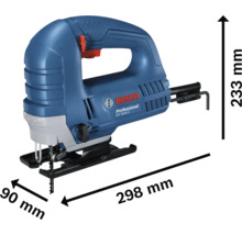 Přímočará pila Bosch o rozměrech 233 mm výška, 298 mm délka a 90 mm šířka.