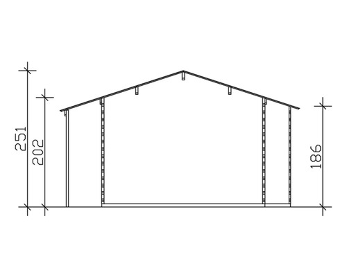 Technický nákres zahradního domku s rozměry.