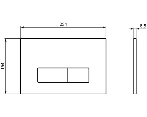 Technický nákres ovládacího panelu o rozměrech 234 x 154 x 8,5 milimetrů.