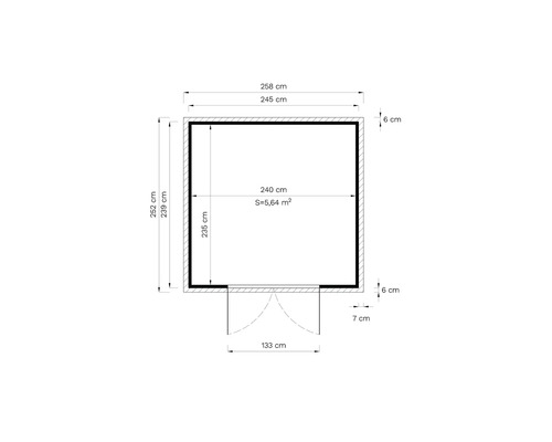 Půdorys zahradního domku o rozměrech 258 krát 252 centimetrů